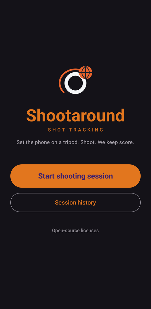 Shootaround home screen with Start shooting session button